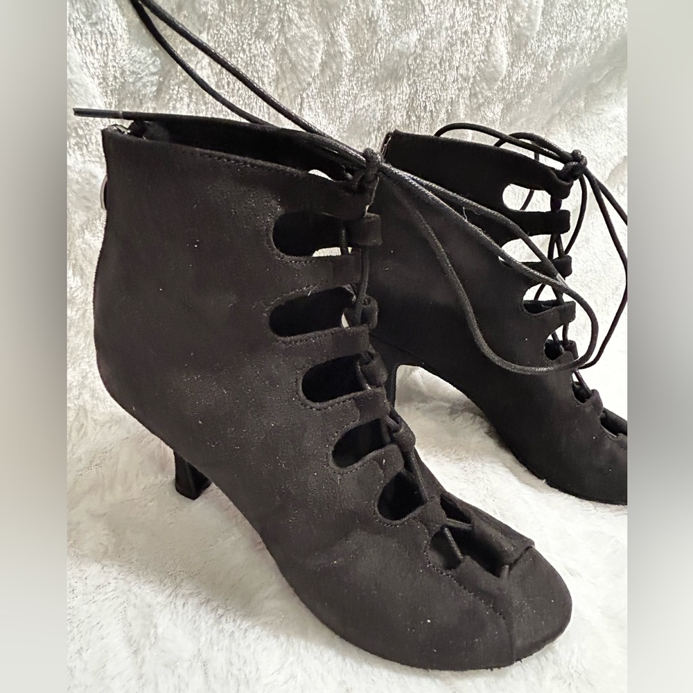 WOMENS BALLROOM DANCE SHOES BOOTS SIZE 5.5 BLACK LACE UP FRONT OPEN TOE ZIP BACK